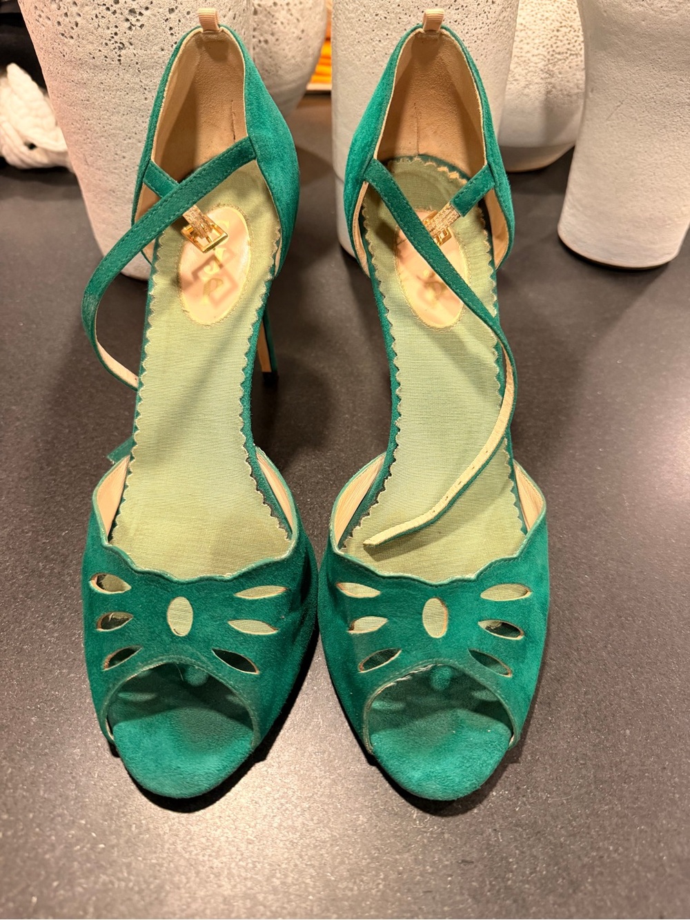 SJP by Sarah Jessica Parker Emerald Green Suede Peep-Toe Ankle-Strap Heels